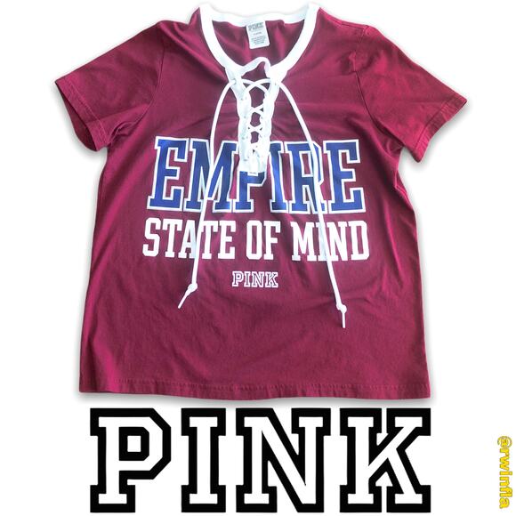VS PInk Lace-up T-Shirt Empire State of Mind Spellout Short Sleeve Casual Medium - Picture 1 of 7